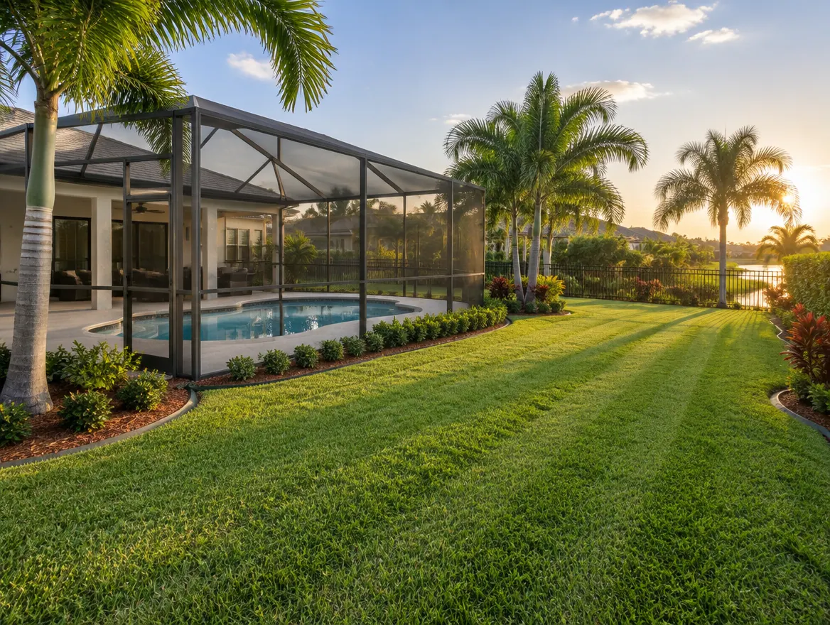 Freshly mowed and edged backyard with palms in Polk County, FL