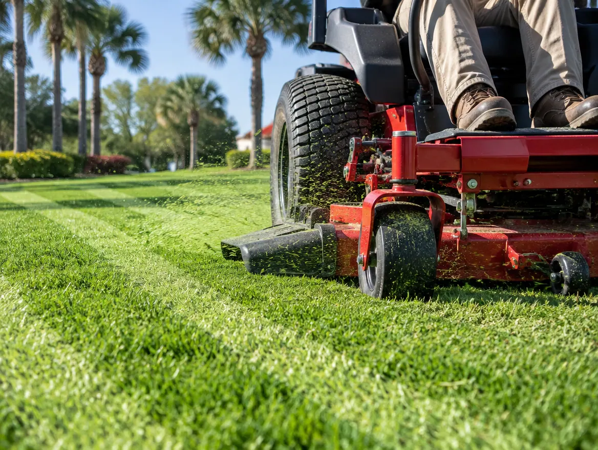 Zero-turn mower cutting clean stripes into a St. Augustine lawn in Mulberry, FL