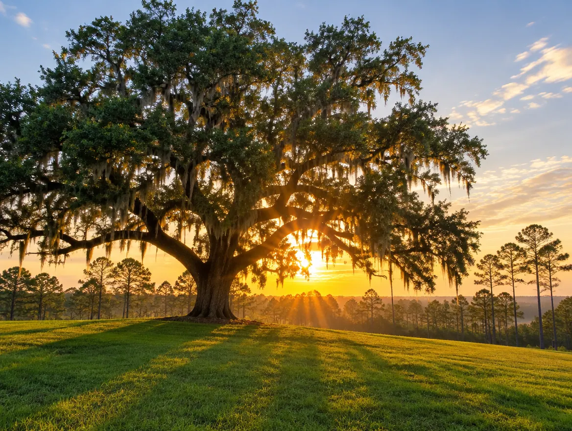 Live oak at sunrise over a manicured lawn in Polk County, Florida